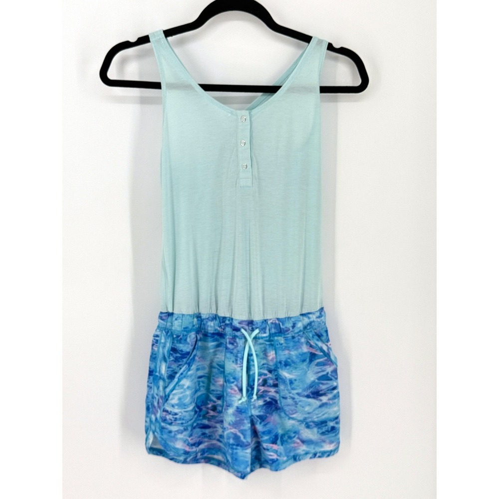 Ivivva by Lululemon Girls 12 Summer Camp Mint Blue Water Print Henley Romper